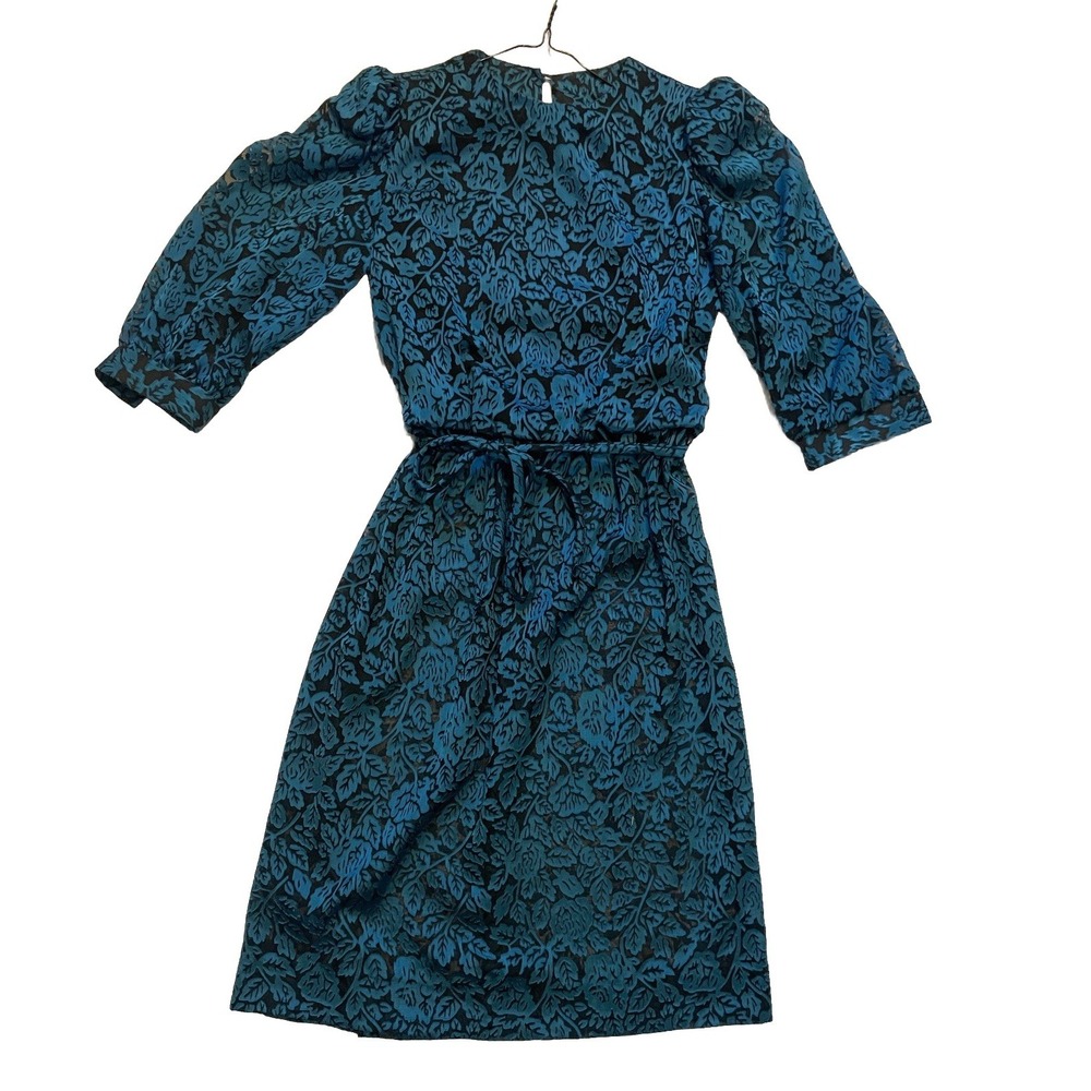 Vtg 80's Lady Carol of New York Blue Black Floral Cottagecore Belted Dress Sz 8P